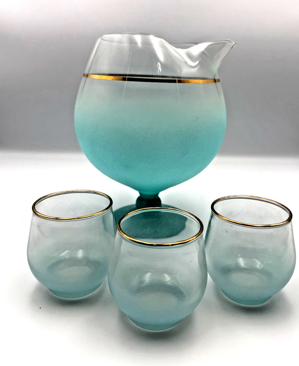 Vintage WV Blendo Cocktail Set Pitcher Snifter Roly Poly Glasses Aqua Gold Trim